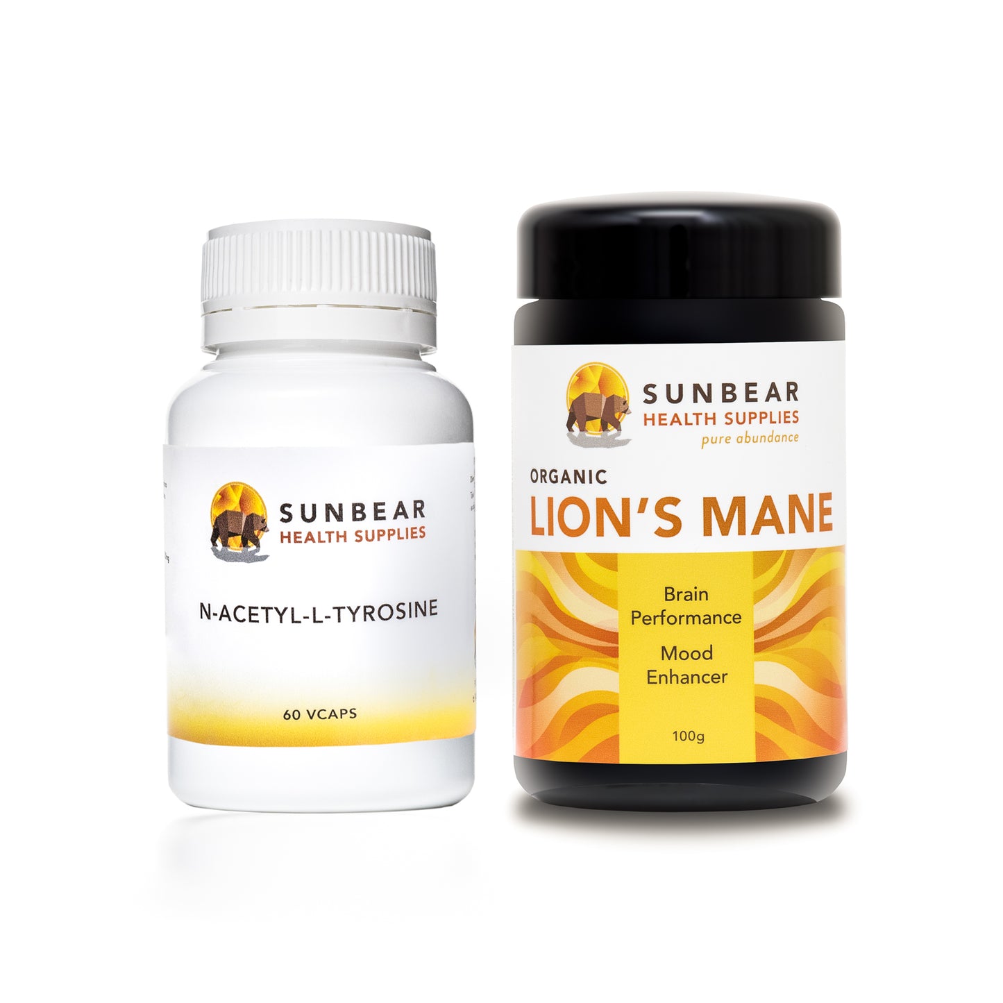 Sunbear Health Premium Organic Lion's Mane Extract (12:1 Ratio) - 100g + N-Acetyl-L-Tyrosine – Sunbear Health Supplies – 500mg – 60VCaps