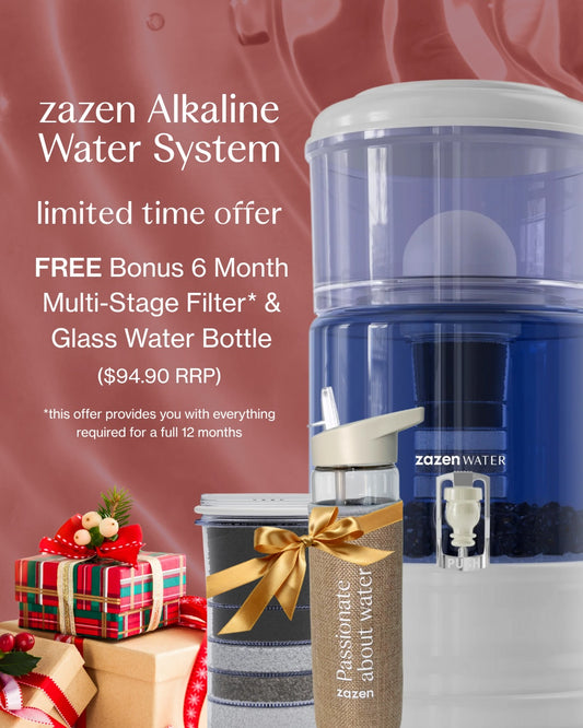 Zazen Alkaline Water Filter System - BPA Free + Free Cartridge and Water Bottle