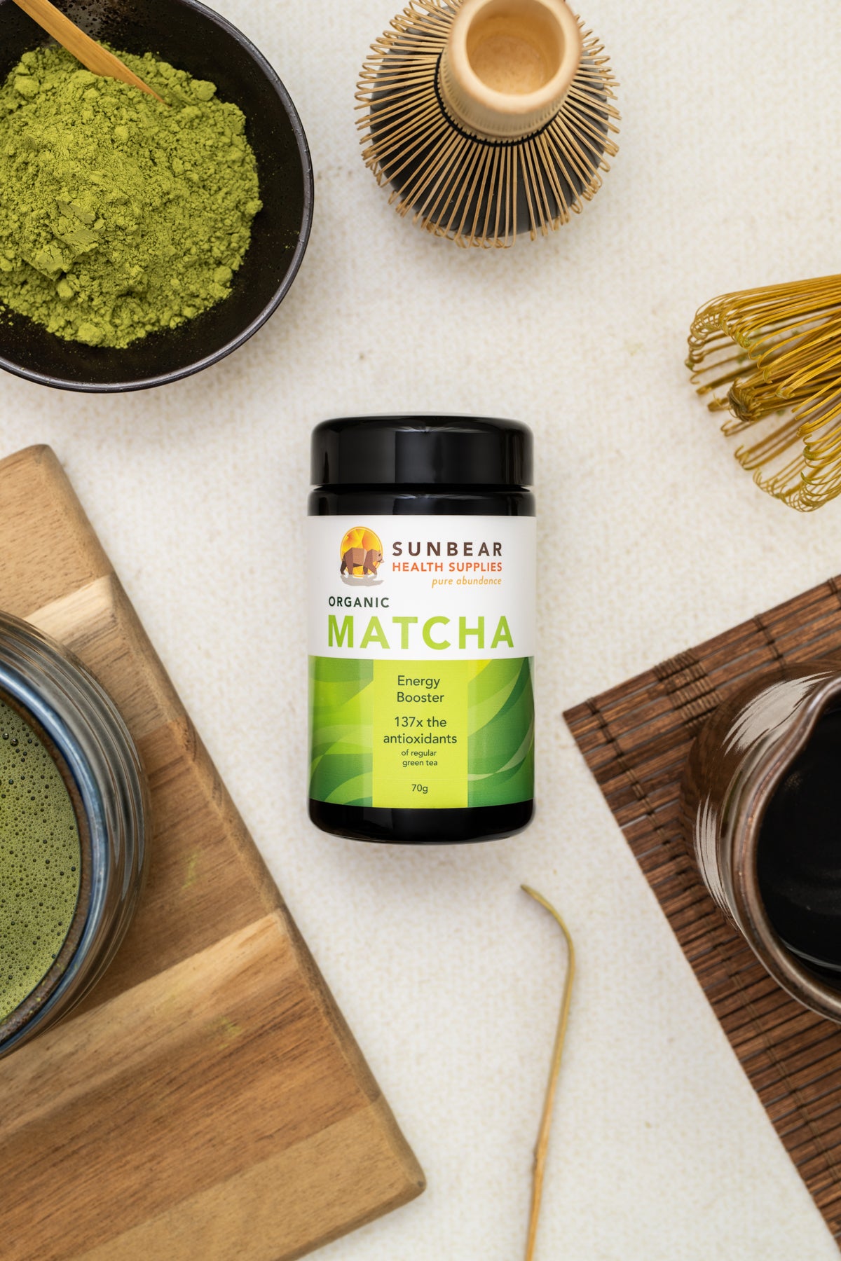 Organic Matcha Ceremonial Powder 70g + 4 Piece Matcha Tea Set