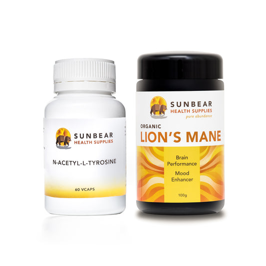 Sunbear Health Premium Organic Lion's Mane Extract (12:1 Ratio) - 100g  + N-Acetyl-L-Tyrosine – Sunbear Health Supplies – 500mg – 60VCaps