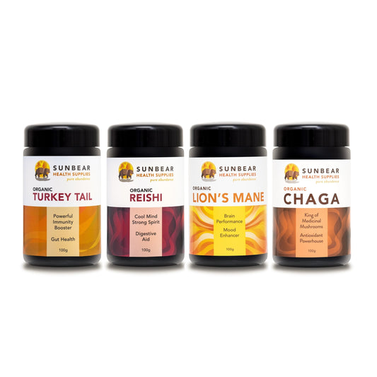 Sunbear Health Supplies - Lion’s Mane + Chaga + Reishi + Turkey Tail – 4-Pack.