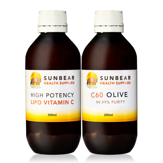 Carbon 60 Olive Oil 100ml - 99.99% Pure C60 Olive & Liposomal Vitamin C  - Sunbear Health Supplies - 200ml