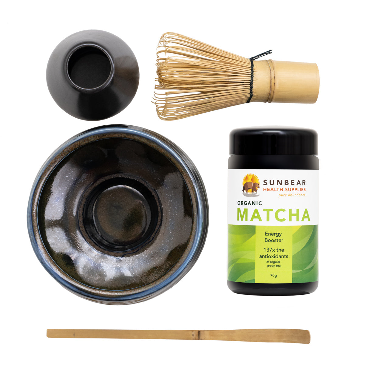 Organic Matcha Ceremonial Powder 70g + 4 Piece Matcha Tea Set